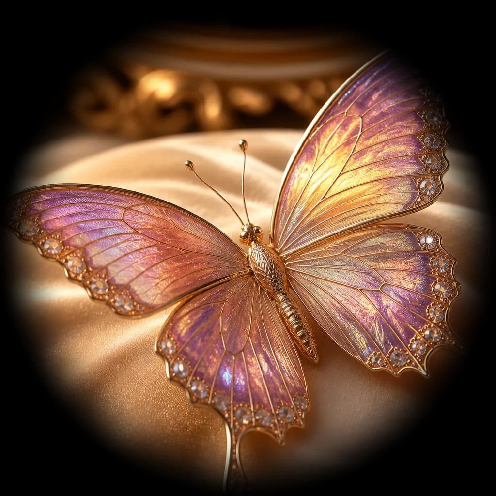 An iridescent jeweled butterfly resting on gold silk, transformation, the Passioned For U signature motif