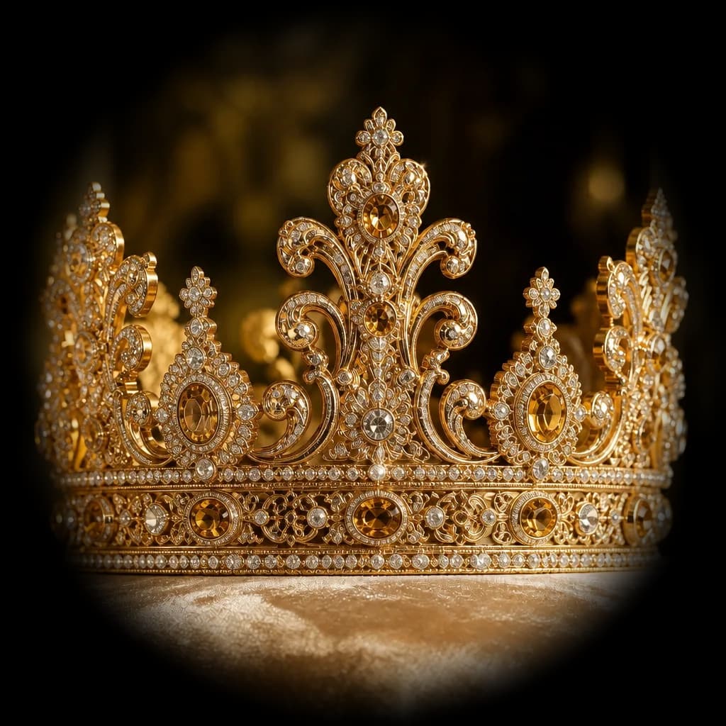A gold jeweled crown resting on silk — the identity reclaimed