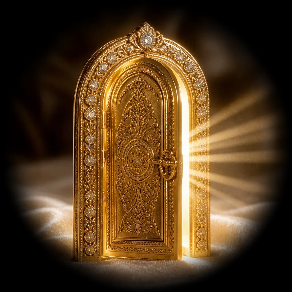 An ornate gold arched door standing open with light spilling through