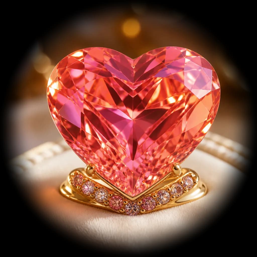 A pink jeweled heart set on a gold stand — the heart of Passioned For U