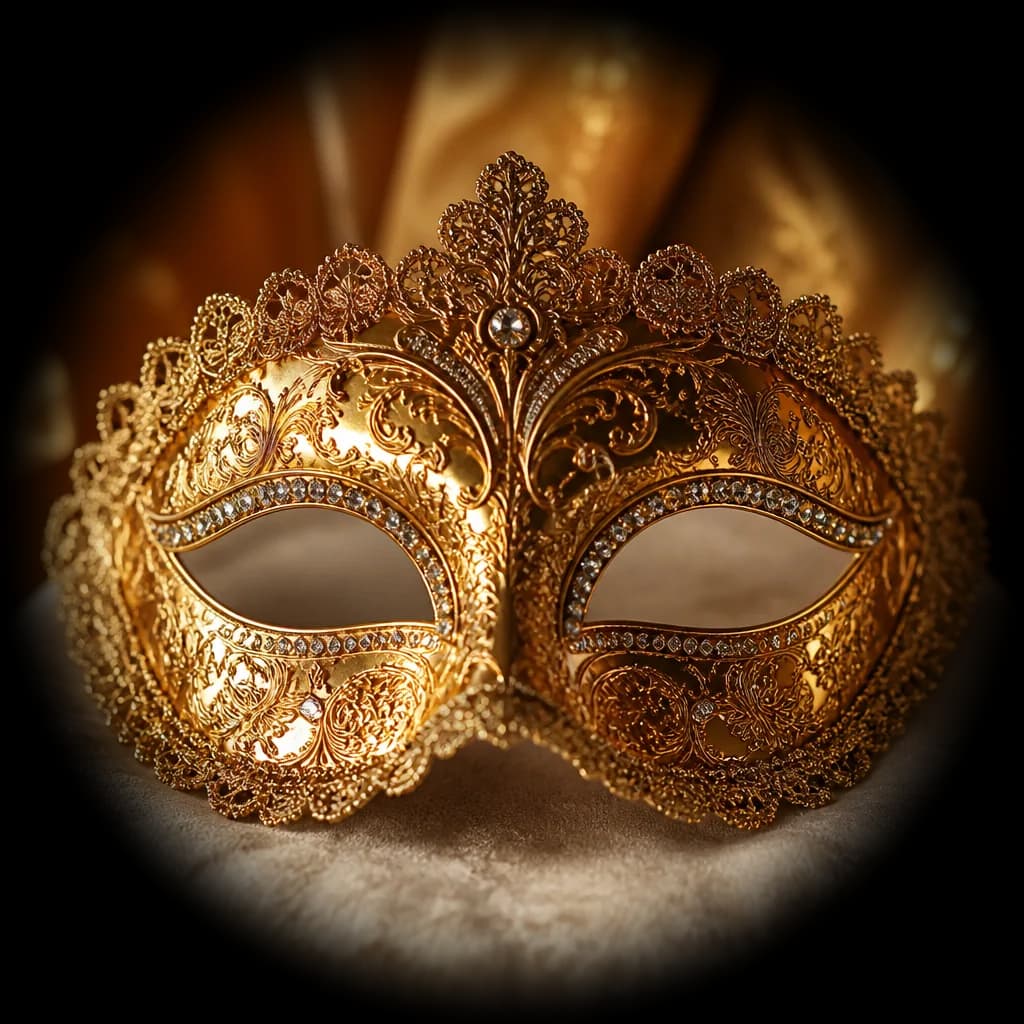 An ornate gold filigree Venetian mask — the face worn to survive