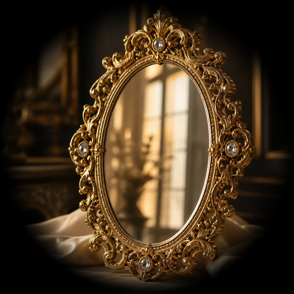 An ornate gold-framed oval mirror catching the light, asking who told you who you are